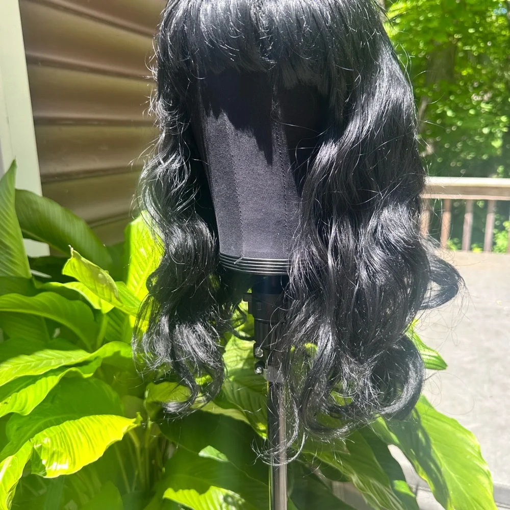 Elegant Betty Page Black Wave Wig With Bangs, Cap with Combs, Gently Worn